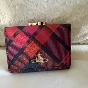 Vivienne Westwood Red Plaid Compact Wallet with Gold Orb